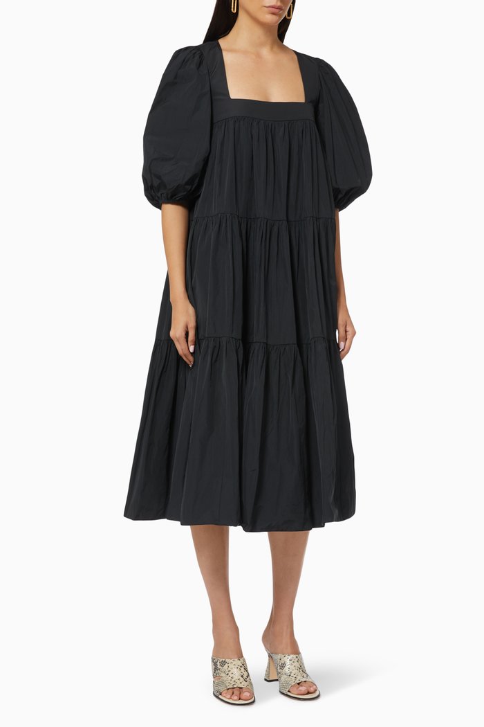 

Tiered Dress with Puff Sleeves, Black
