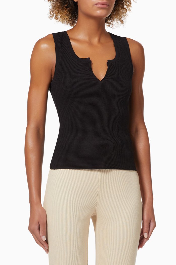 

Stark Waffle Slashed Tank Top in Jersey, Black