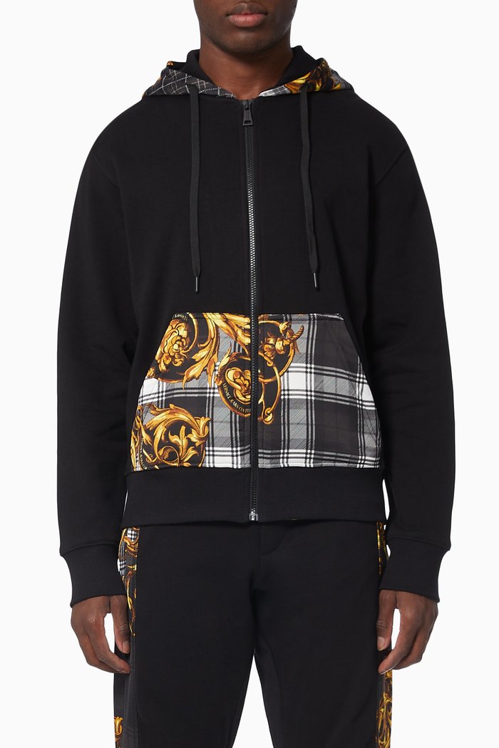 Tartan Baroque Print Hoodie in Cotton, Black