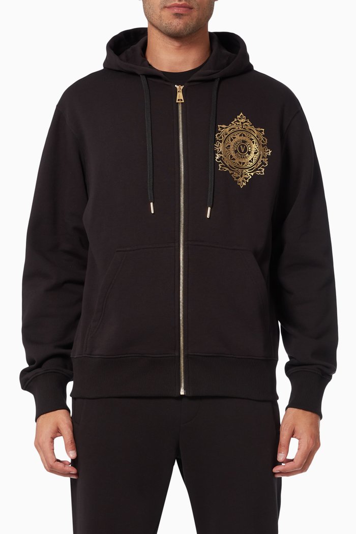 V-emblem Baroque Hoodie in Cotton, Black