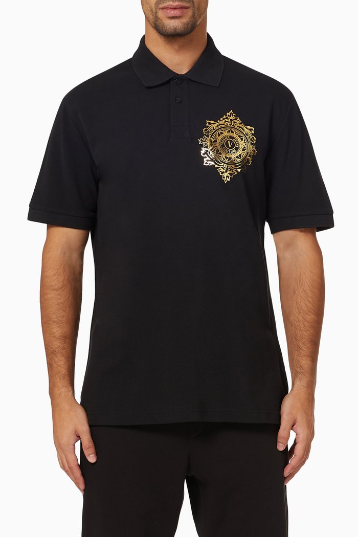 

V-emblem Baroque Polo Shirt in Cotton, Black