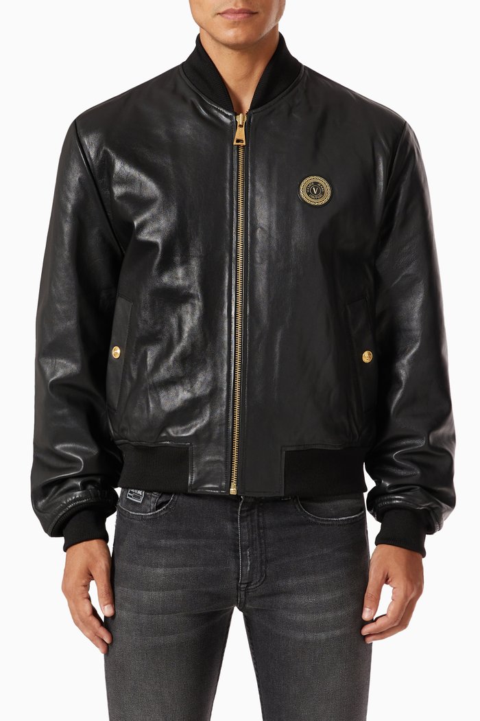 

V-emblem Bomber Jacket in Leather, Black