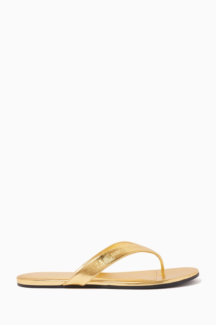 

Allover Logo Round Thong Sandals in Metallic Sheepskin, Gold