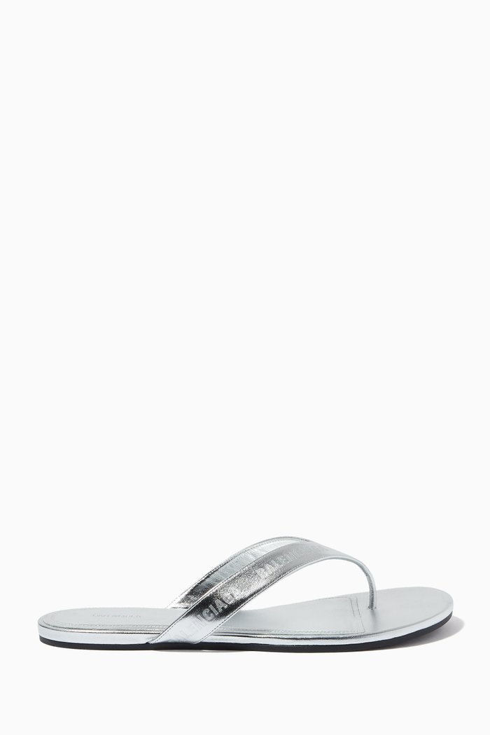 

Allover Logo Round Thong Sandals in Metallic Sheepskin, Silver