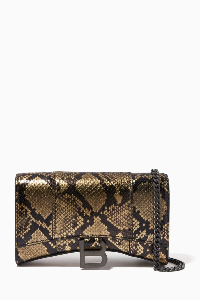 

Hourglass Wallet on Chain in Metallic Python Printed Calfskin, Gold
