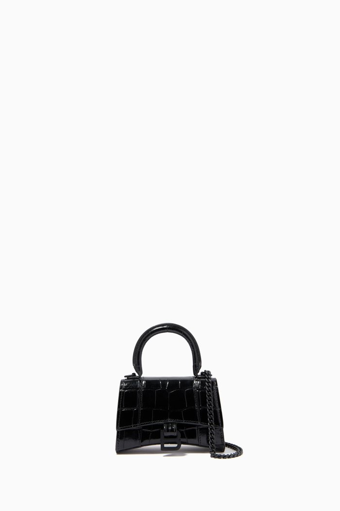 

Hourglass Nano Top Handle Bag on Chain in Shiny Crocodile Embossed Calfskin, Black