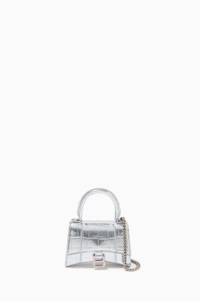 

Hourglass Nano Top Handle Bag on Chain in Shiny Crocodile Embossed Calfskin, Silver