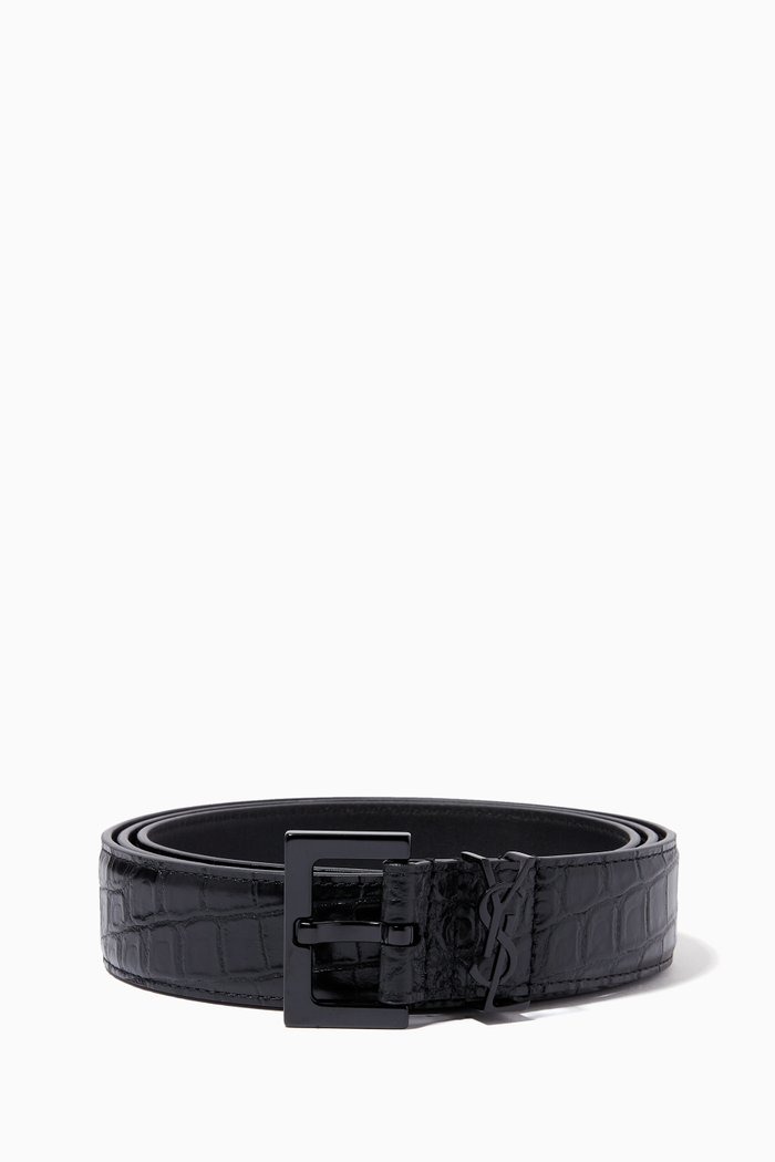 

Monogram Belt with Square Buckle in Crocodile-embossed Leather, Black