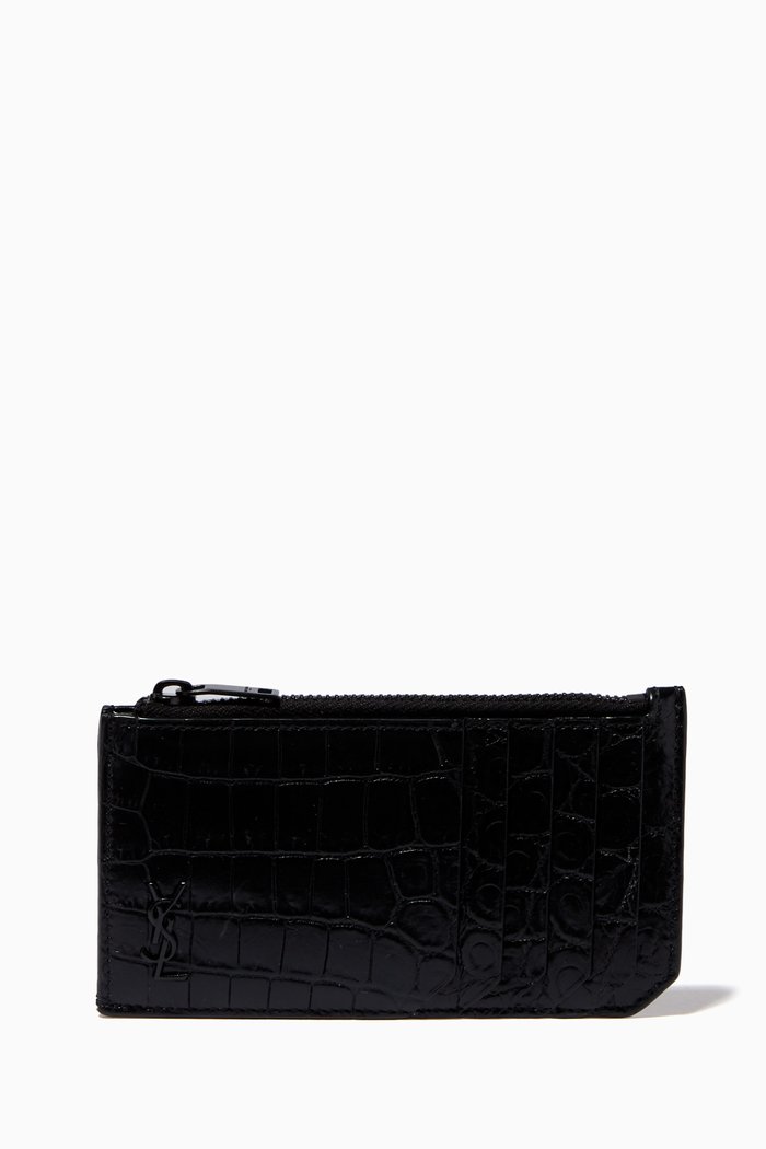 

Tiny Monogram Card Case in Crocodile-embossed Leather, Black
