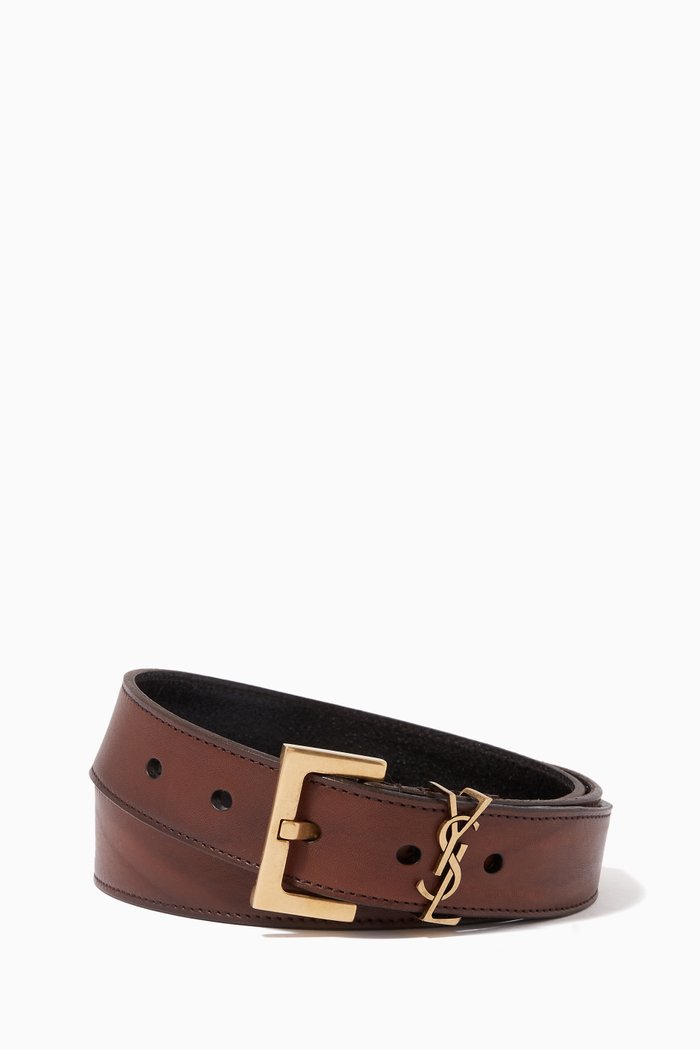 

Monogram Belt with Square Buckle in Aged Raw Leather, Brown