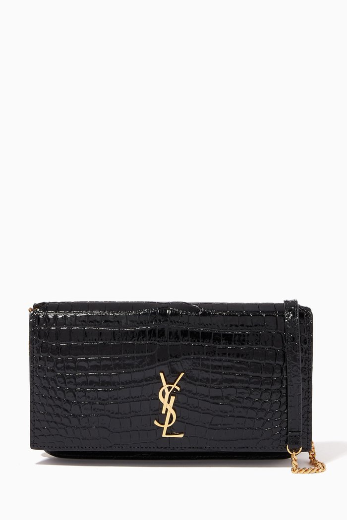 

Cassandre Phone Holder with Strap in Shiny Crocodile-embossed Leather, Black