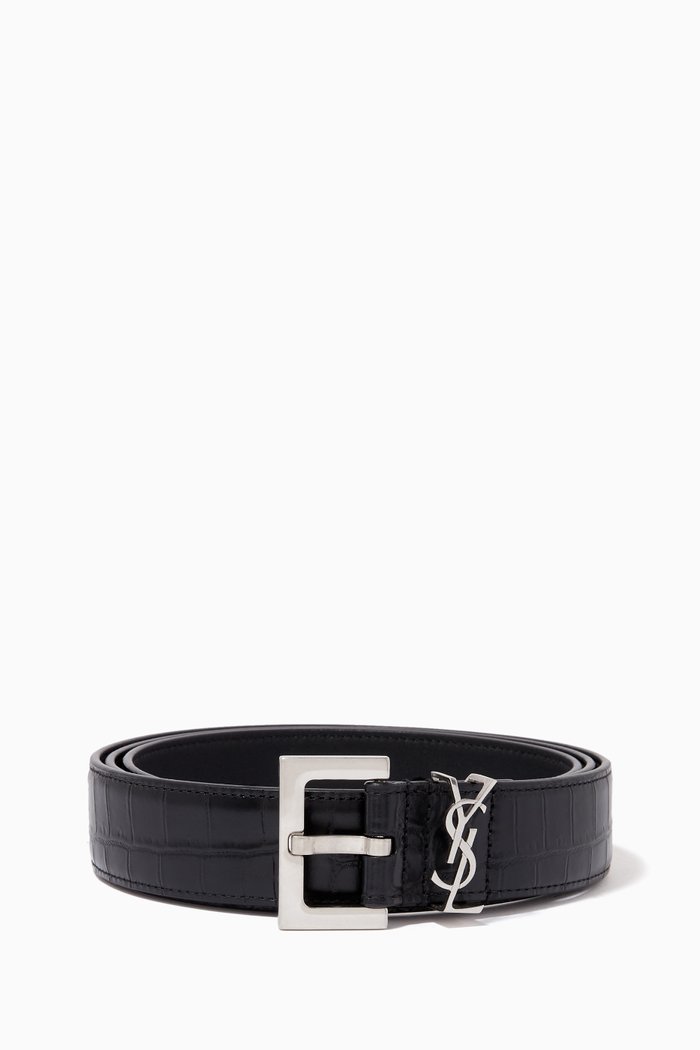 

Monogram Belt with Square Buckle in Crocodile-embossed Matte Leather, Black