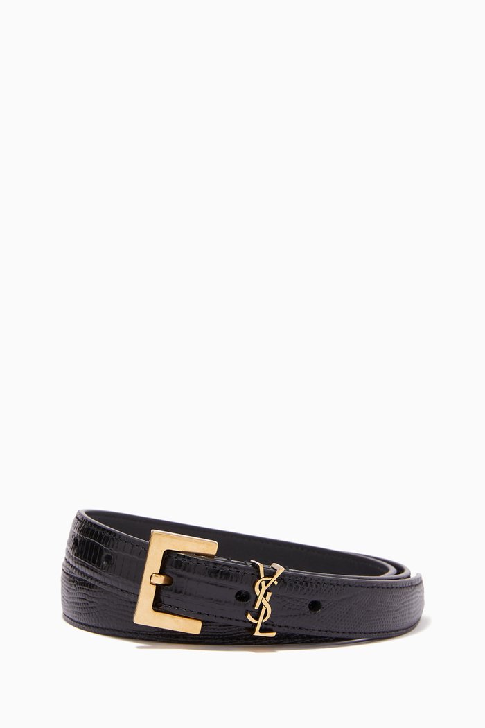 

Monogram Narrow Belt with Square Buckle in Lizard-embossed Leather, Black