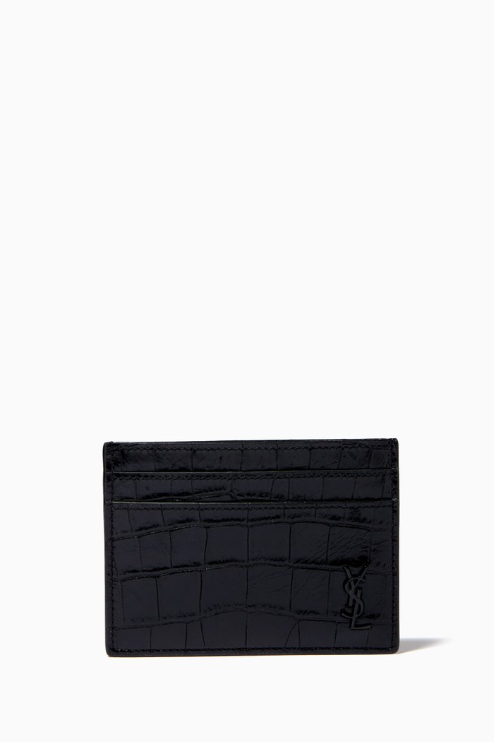 Tiny Monogram Card Case in Crocodile-embossed Leather, Black