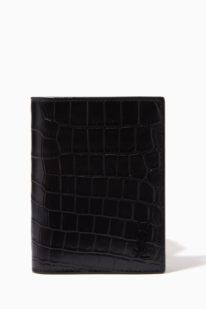

Tiny Monogram Credit Card Wallet in Croc-embossed Leather, Black