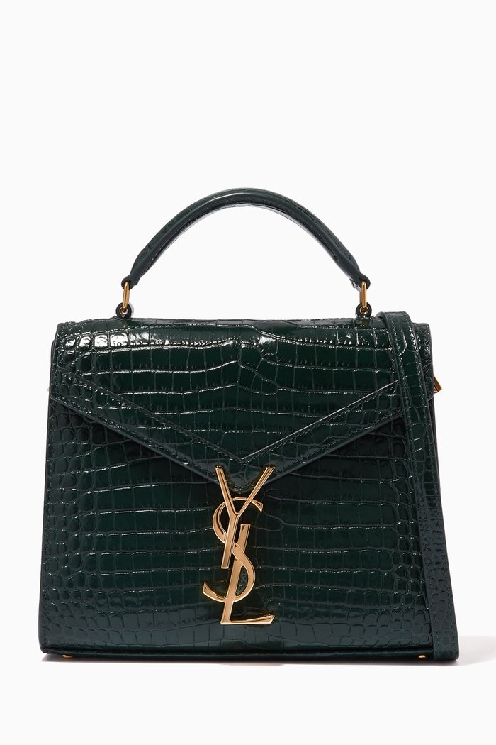 

Mini Cassandra Top Handle Bag in Croc-embossed Shiny Leather, Green