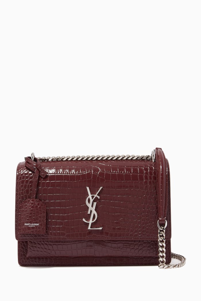 

Medium Sunset Bag in Croc-embossed Shiny Leather, Burgundy