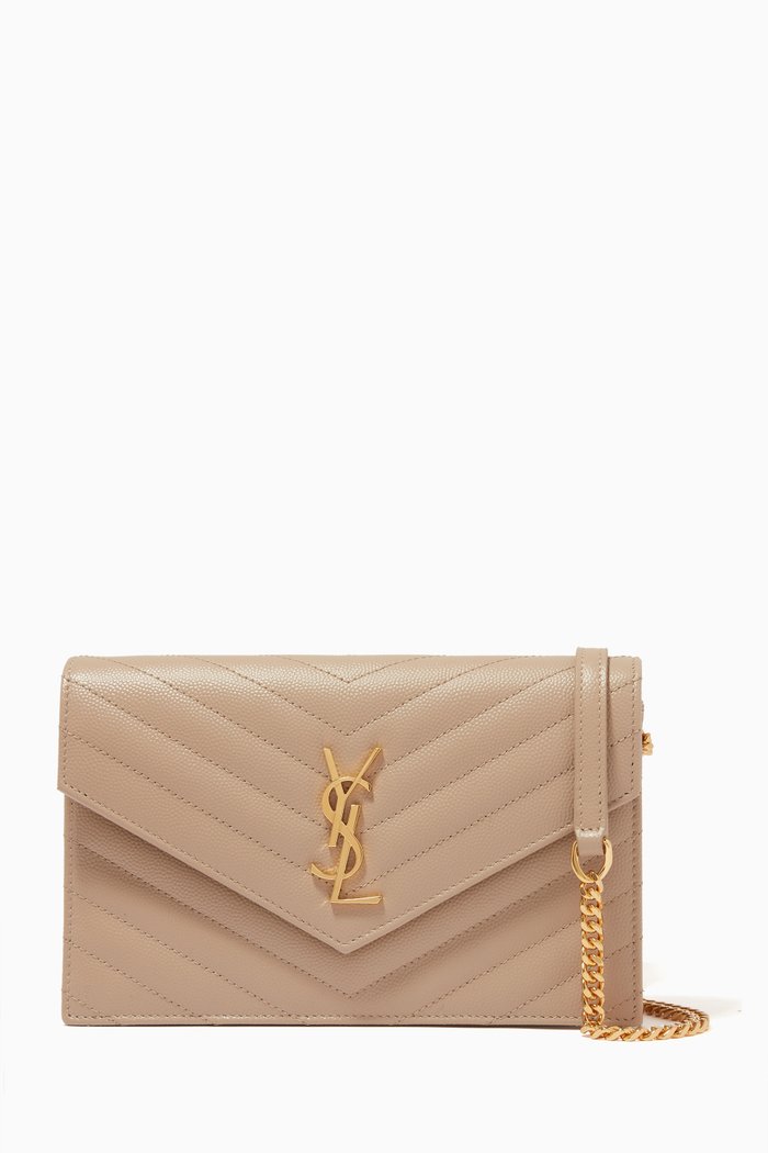 Monogram Envelope Chain Wallet in Grain de Poudre Embossed Leather, Neutral