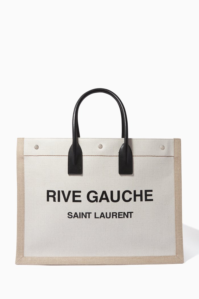 

Large Rive Gauche Tote Bag in Linen & Leather, White