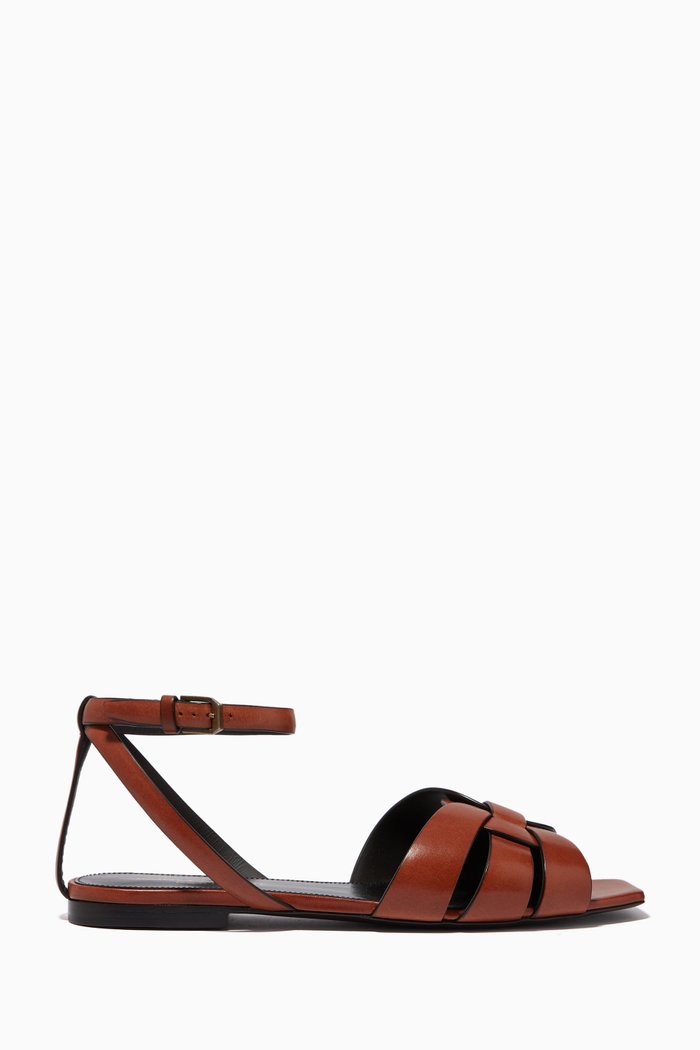 

Tribute Flat Sandals in Smooth Leather, Brown