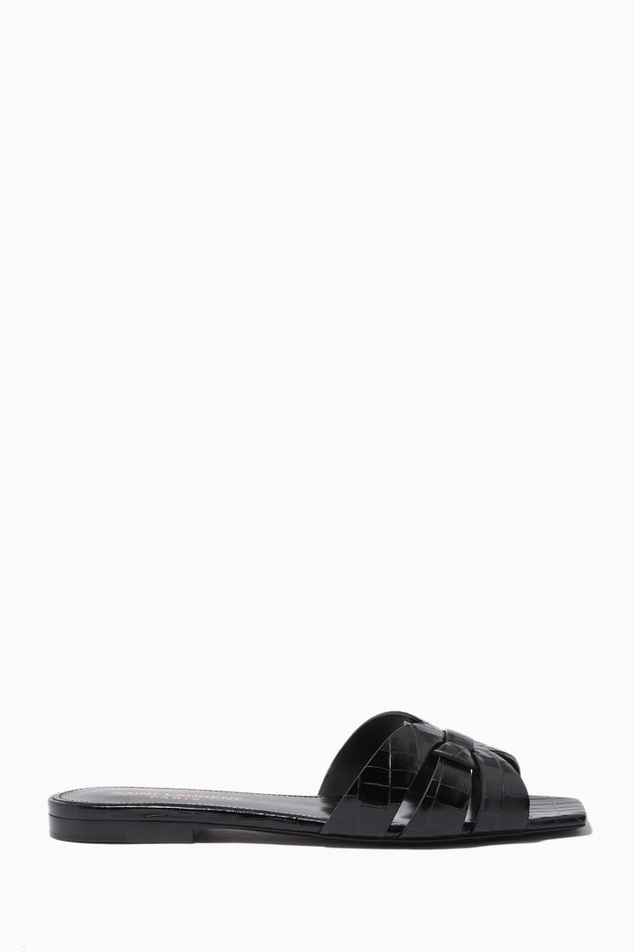 

Tribute Flat Sandals in Croc-embossed Shiny Leather, Black