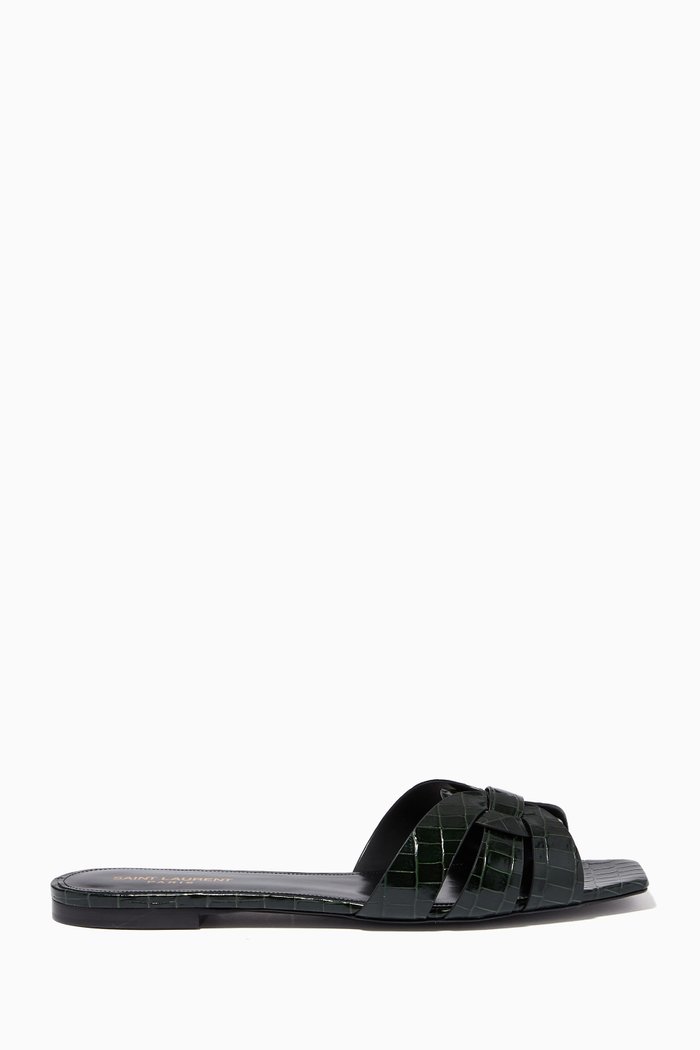 

Tribute Flat Sandals in Croc-embossed Shiny Leather, Green