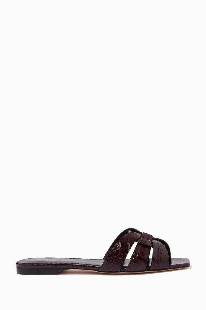 

Tribute Flat Sandals in Croc-embossed Shiny Leather, Burgundy