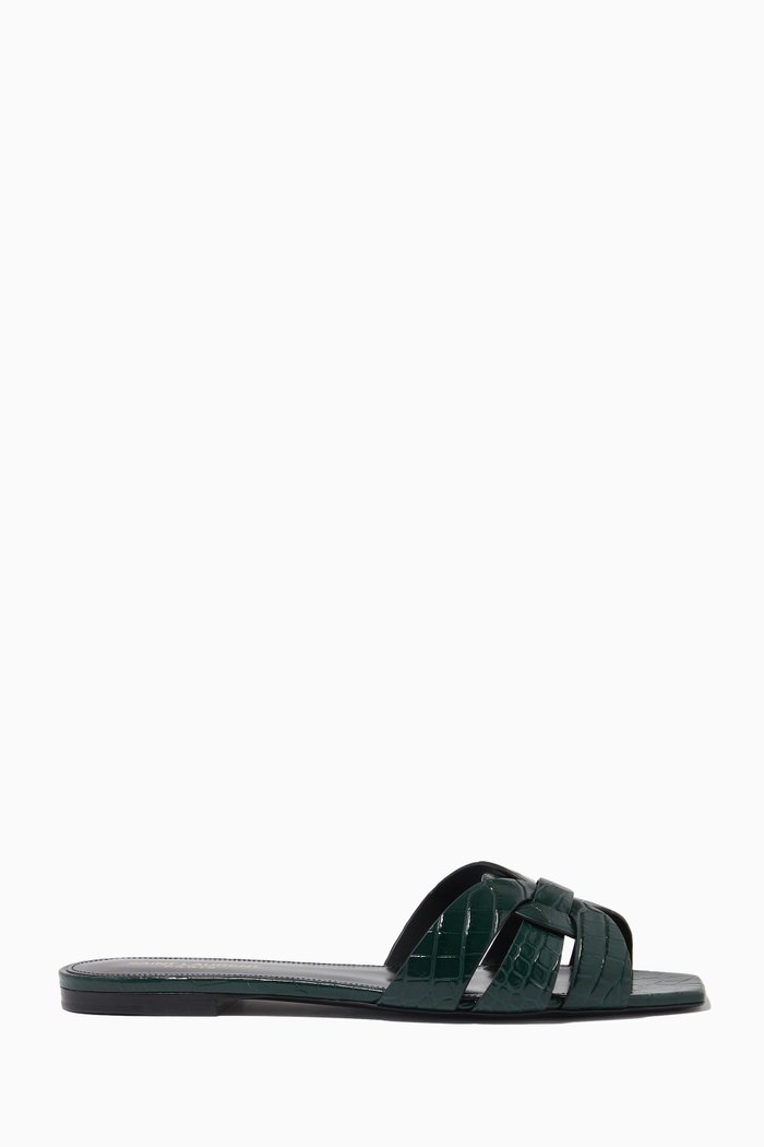 

Tribute Flat Sandals in Crocodile Embossed Leather, Green