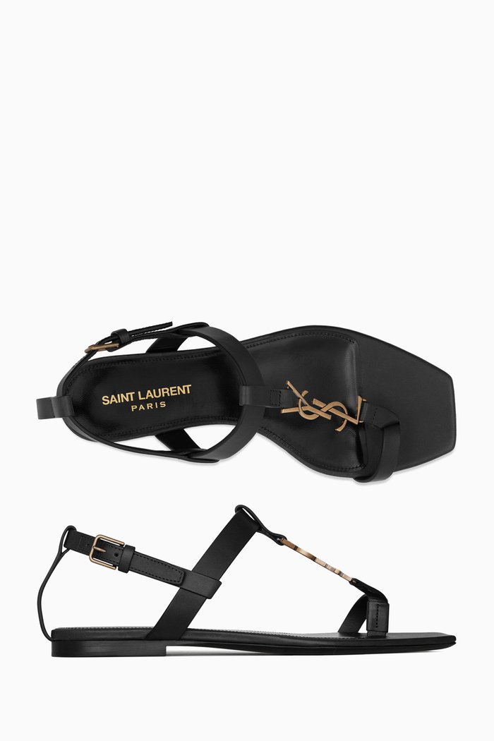 Cassandra Monogram Flat Sandals in Smooth Leather, Black