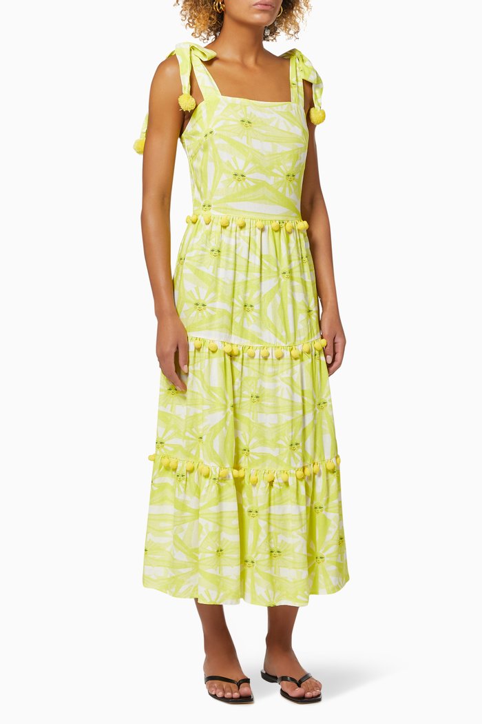 

Sun Pom Pom Tiered Dress in Linen, Yellow