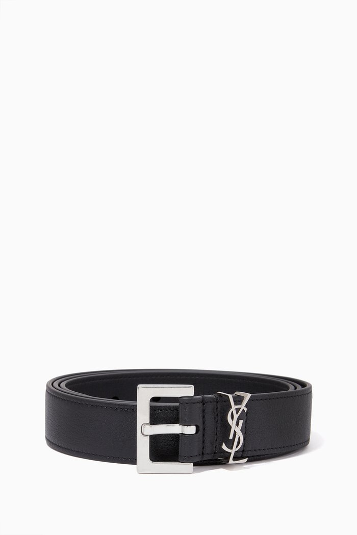 Monogram Belt with Square Buckle in Leather, Black