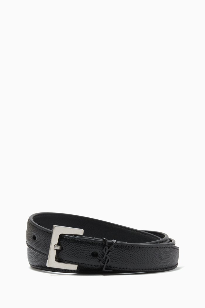 

Monogram Narrow Belt with Square Buckle in Grain de Poudre Embossed Leather, Black