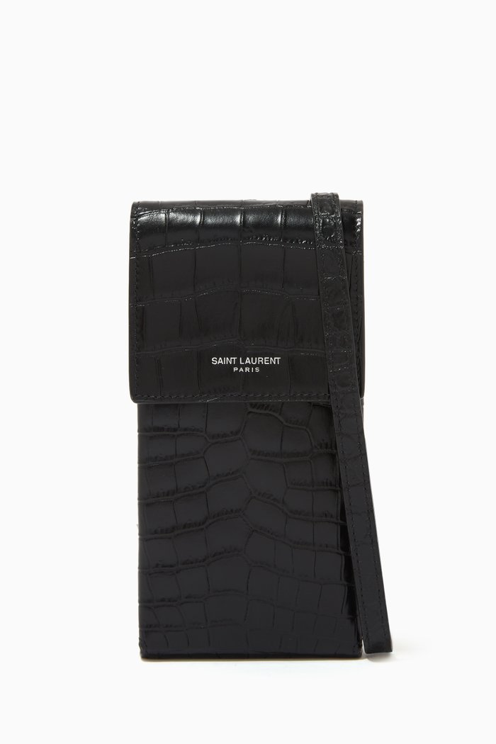 

Phone Pouch with Strap in Crocodile-embossed Matte Leather, Black