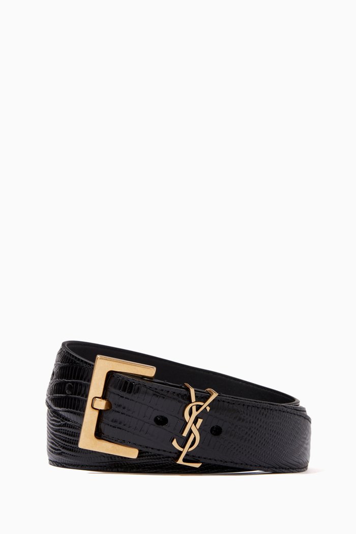 

Monogram Belt with Square Buckle in Lizard-embossed Shiny Leather, Black