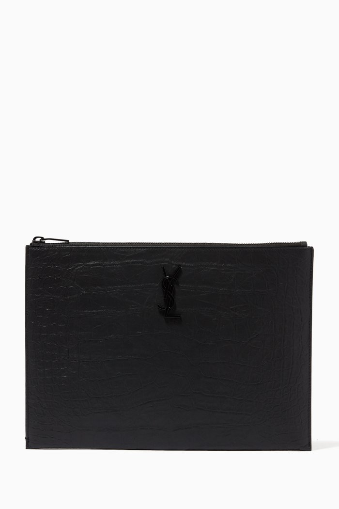 

Monogram Tablet Holder in Crocodile-embossed Leather, Black