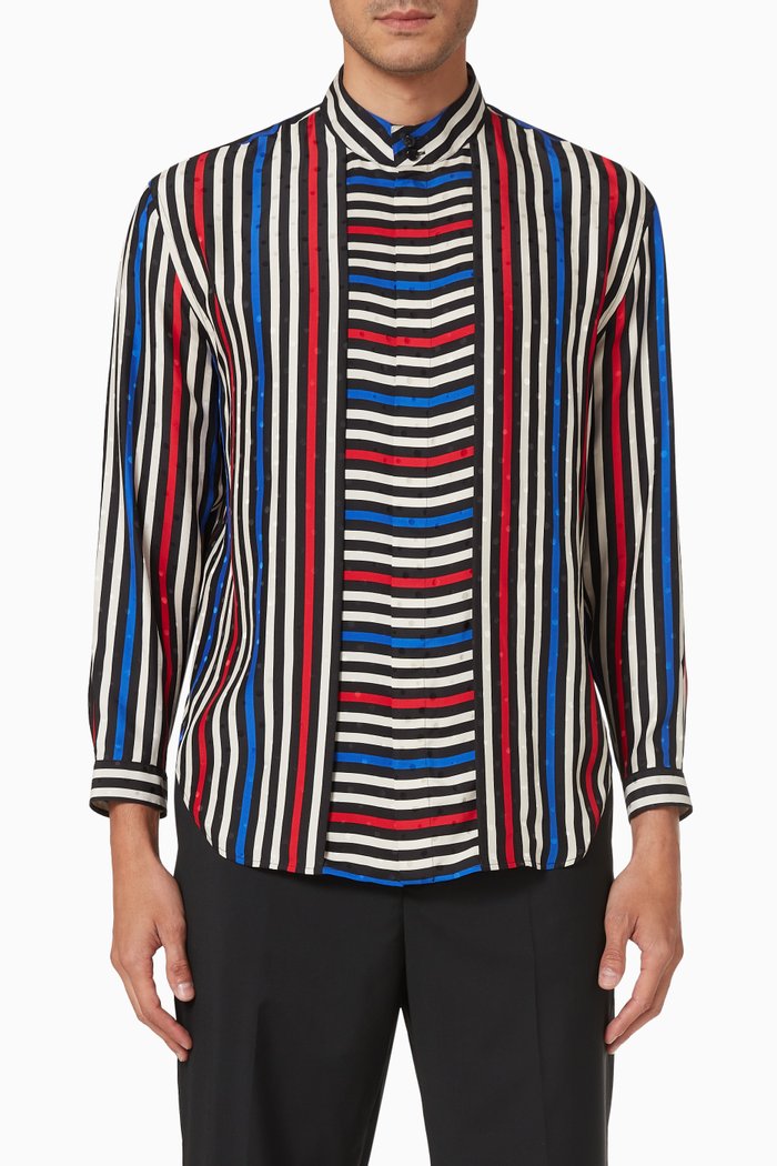

Oversized Shirt in Matte & Shiny Striped Silk, Multicolour