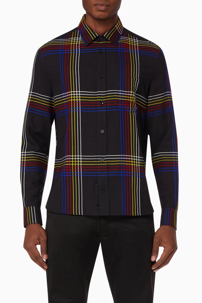 

Yves Collar Fitted Shirt in Checked Wool, Multicolour