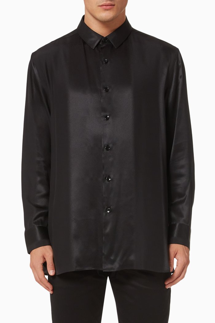

Long Overshirt in Matte & Shiny Striped Silk, Black