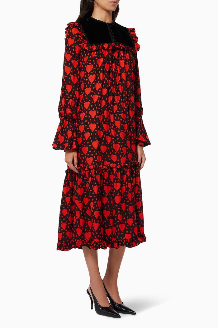 

Long Dress in Matte & Shiny Heart & Dot-print Silk, Black