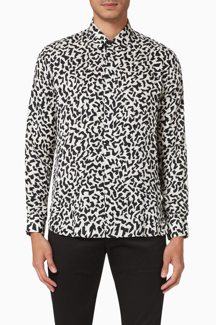 

Yves Collar Classic Shirt in Matte & Shiny Sparkle-print Silk, Black