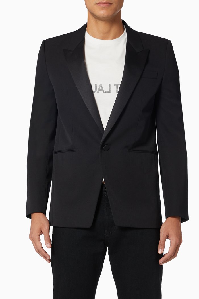 

Single-breasted Jacket in Striped Wool, Black