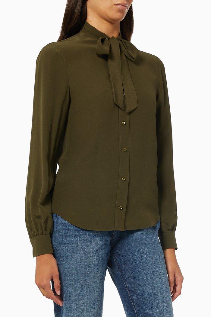 

Lavallière-neck Blouse in Organic Silk Crêpe de Chine, Green