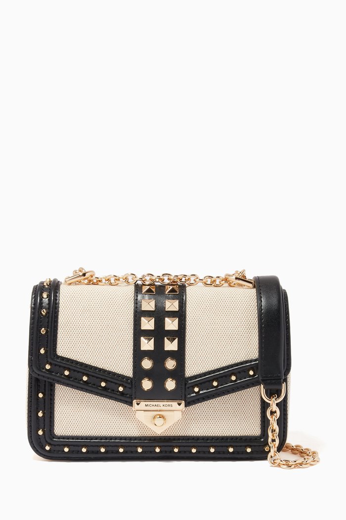 Small Soho Studded Shoulder Bag in Leather & Canvas, Black