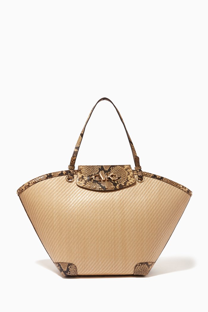 

Extra Large Izzy Tote Bag in Woven Straw & Python Embossed Leather, Brown