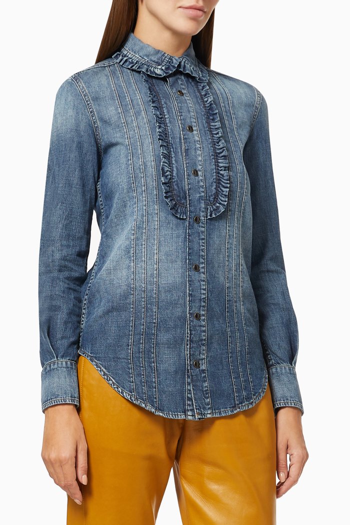 

Ruffled Western Shirt in Organic Cotton Vintage Denim, Blue