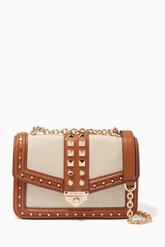 

Small Soho Studded Shoulder Bag in Leather & Canvas, Brown