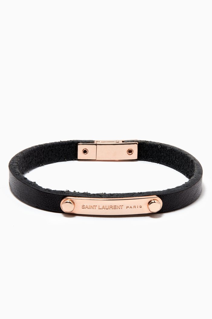

SAINT LAURENT ID Plaque Bracelet in Smooth Leather, Black