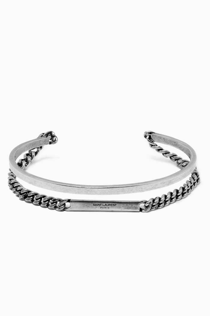 

Cuff & ID Plaque Chain Double Bracelet, Silver