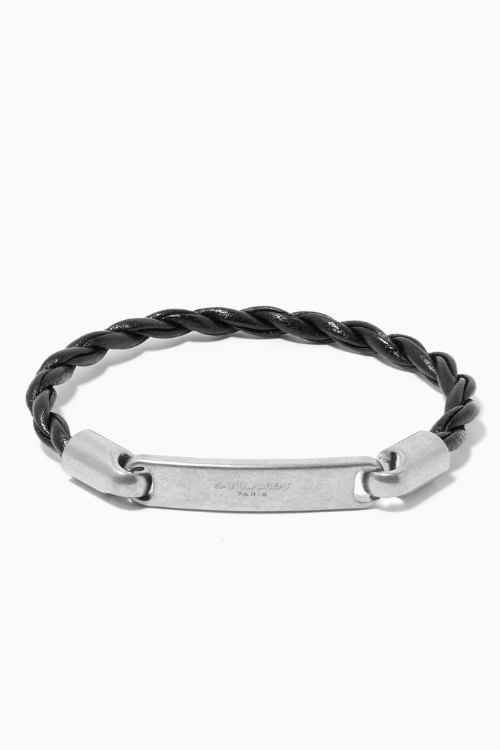 

SAINT LAURENT ID Plaque Bracelet in Smooth Leather, Black