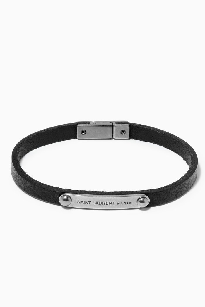 

SAINT LAURENT ID Plaque Bracelet in Smooth Leather, Black